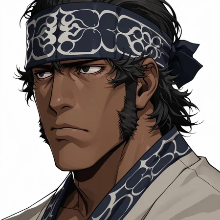 solo, Kirawus, GKKirawus, black hair, black eyes, long sideburns, black Ainu headband, Matanpush, perfect face, IllustratedafricanmaleV1.5, dark-skinned male, african male, african, muscular, p3reloadportraits, portrait, white background, looking away
