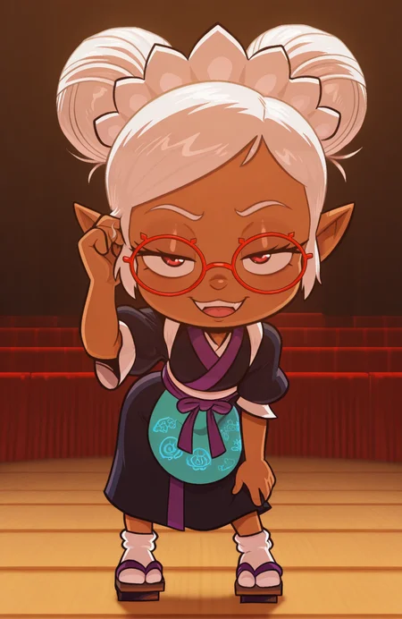 <lora:anatomy_helper:0.8> 1girl, solo, full body, <lora:BranSant:0.9> bransant,
<lora:LilPurah-IL:0.8> prhmini, red eyes, red-framed eyewear, red-framed eyewear, dark-skinned female, white hair, double bun, chibi, pointy ears, maid outfit, kimono, indigo apron, white socks, geta, maid headdress,
 amphitheater, mesugaki, naughty grin, smug, open_mouth, :3,:d, smile, fang,, solo, adjusting hair, standing, contrapposto,  hair behind ear, leaning forward, close_up, hand on own hair,,, extremely detailed, highres, masterpiece, best quality