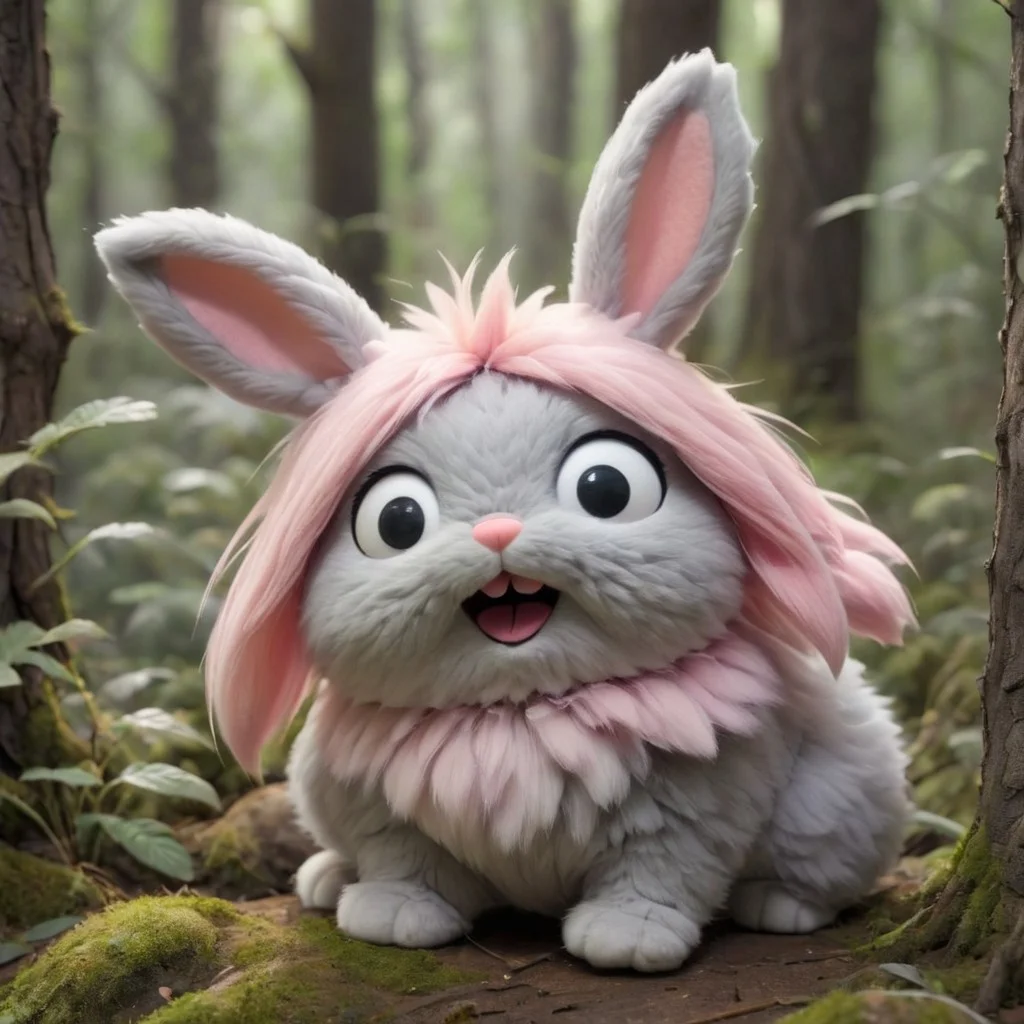 source_anime, Cute wonderful creatures, Microphotography, chibi, cute fluffy rabbits ,pink and grey, in a dreamy forest, ispzxll, In a felt puppet world style,