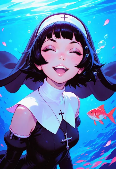 ilya kuvshinov,
masterpiece,best quality,amazing quality,
1girl,nun,bubble,closed eyes,detached sleeves,fish,open mouth,petals,smile,solo,traditional media,underwater,water,
