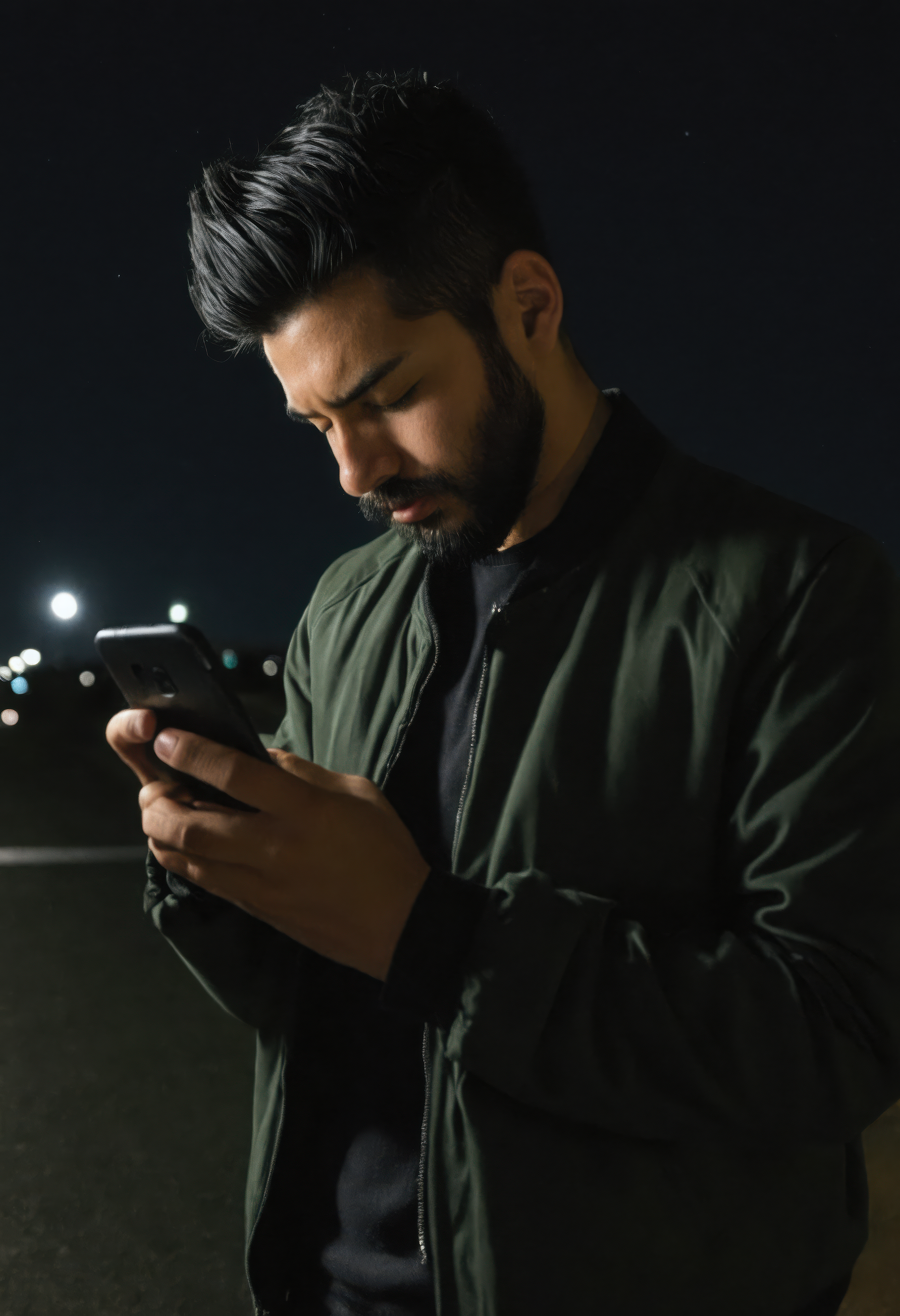 nighttime, 1boy, facial hair, male focus, beard, solo, jacket, phone, black hair, closed eyes, holding phone, <lora:sdxl_nighttime:1>