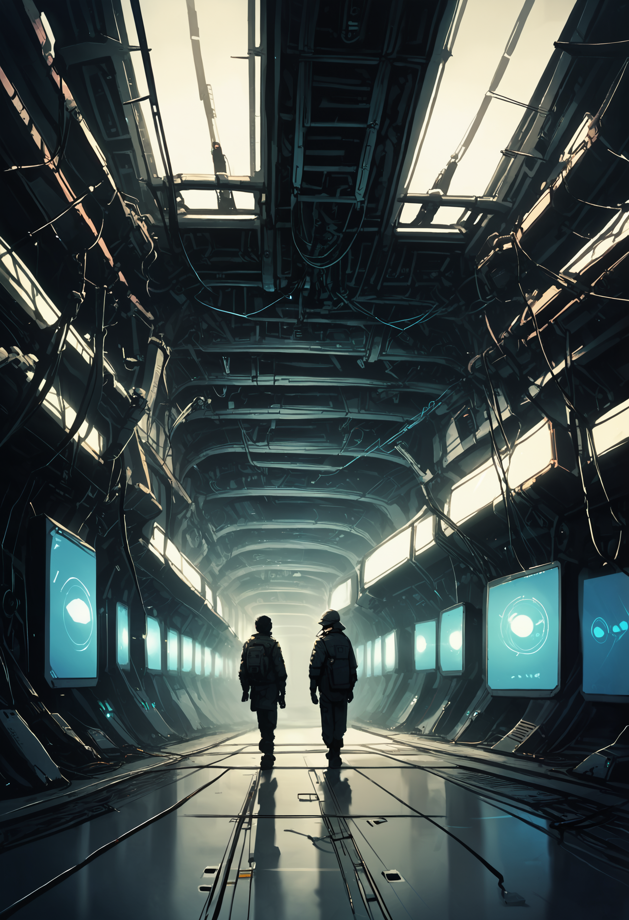 (zPDXL3) action, walking, on the bridge of a spaceship wearing a uniform, from side from front, looking into space, wires, cables, monitor, controls, panel
