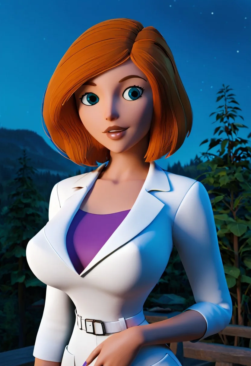 score_9, score_8_up, score_7_up, 1girl, solo, long hair, breasts, looking at viewer, large breasts, standing, thighs, nail polish, lips, night, looking down, from below, shiny skin, purple sky, lake,climbing plant,vegetation,medieval castle, ((upper body focus:1.9)), annpossible, ann possible, short hair, blue eyes, naughty smile, lab coat, ann possible bobcut, white buttoned up labcoat, <lora:annpossible-guy-PONYv1.9>, brown lipstick, parted lips, tan skin, tan-skinned, tan-skinned female, looking at viewer, tanlines, tan lines, bursting breasts, orange hair, sleeveless, midriff