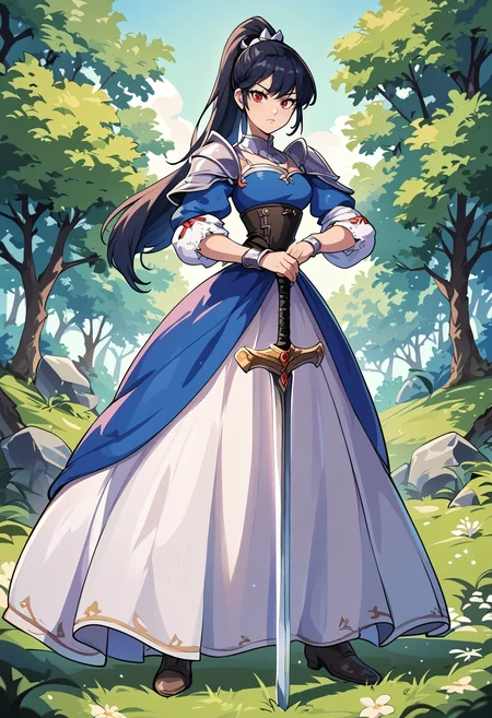 score_9, score_8_up, score_7_up, source_anime,rating:safe, ultra details,masterpiece,4k,best quality, hires, princess, both-hand-hilt, hands on hilt,holding sword, planted sword, black hair, red eyes, serious, ponytail, dress, princess, fantasy, medieval, forest
<lora:CitronAnimeTreasure-07:0.8> <lora:Both hand planted sword (pony) v1:1>