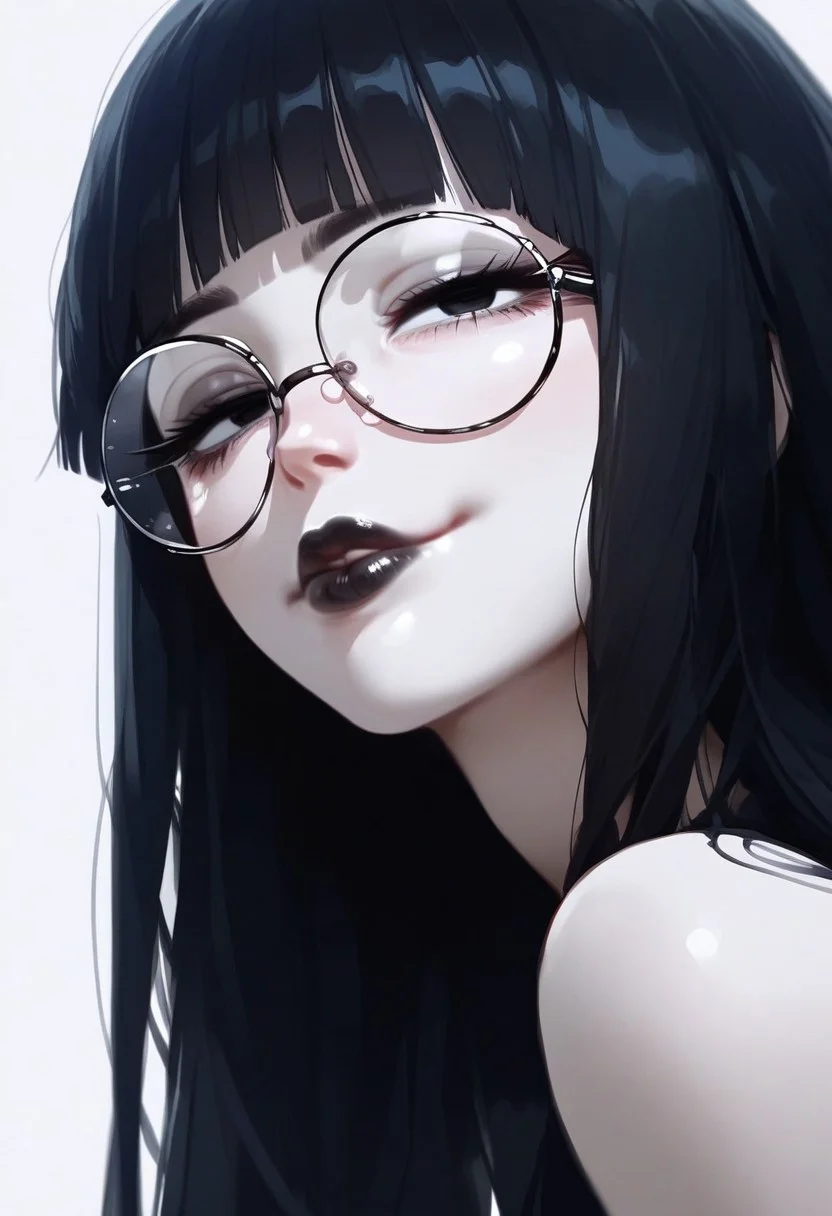 score_9, score_8_up, score_7_up, score_6_up, source_anime, 1girl, solo, masterpiece, perfect face, (asian female), (narrow eyes), round glasses, black hair, long hair, hime cut, black eyes, pale skin, small breasts, slim, skinny, thin, goth, cute, tired eyes, light smile, beautiful, big lips, plump lips, glossy lips, Expressiveh, face focus, lips focus, close up, simple background, side view, smug expression, black lipstick,