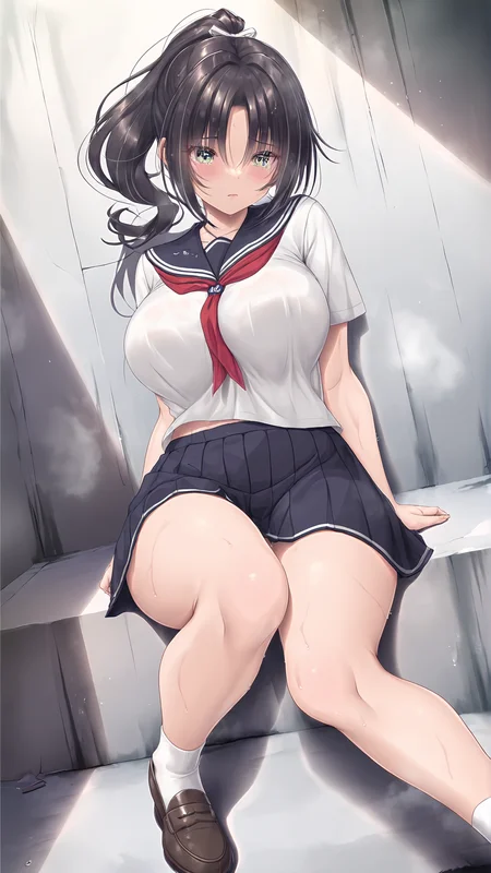 amazing quality,absurdres,best quality,masterpiece,highres,newest,detailed,detailed body,detailed face,masterpiece,best quality,solo,
500mlheya,1girl,solo,school uniform,serafuku,ponytail,green eyes,breasts,short sleeves,black hair,red neckerchief,sailor collar,shirt,long hair,white socks,loafers,<lora:500mlheya:1>,