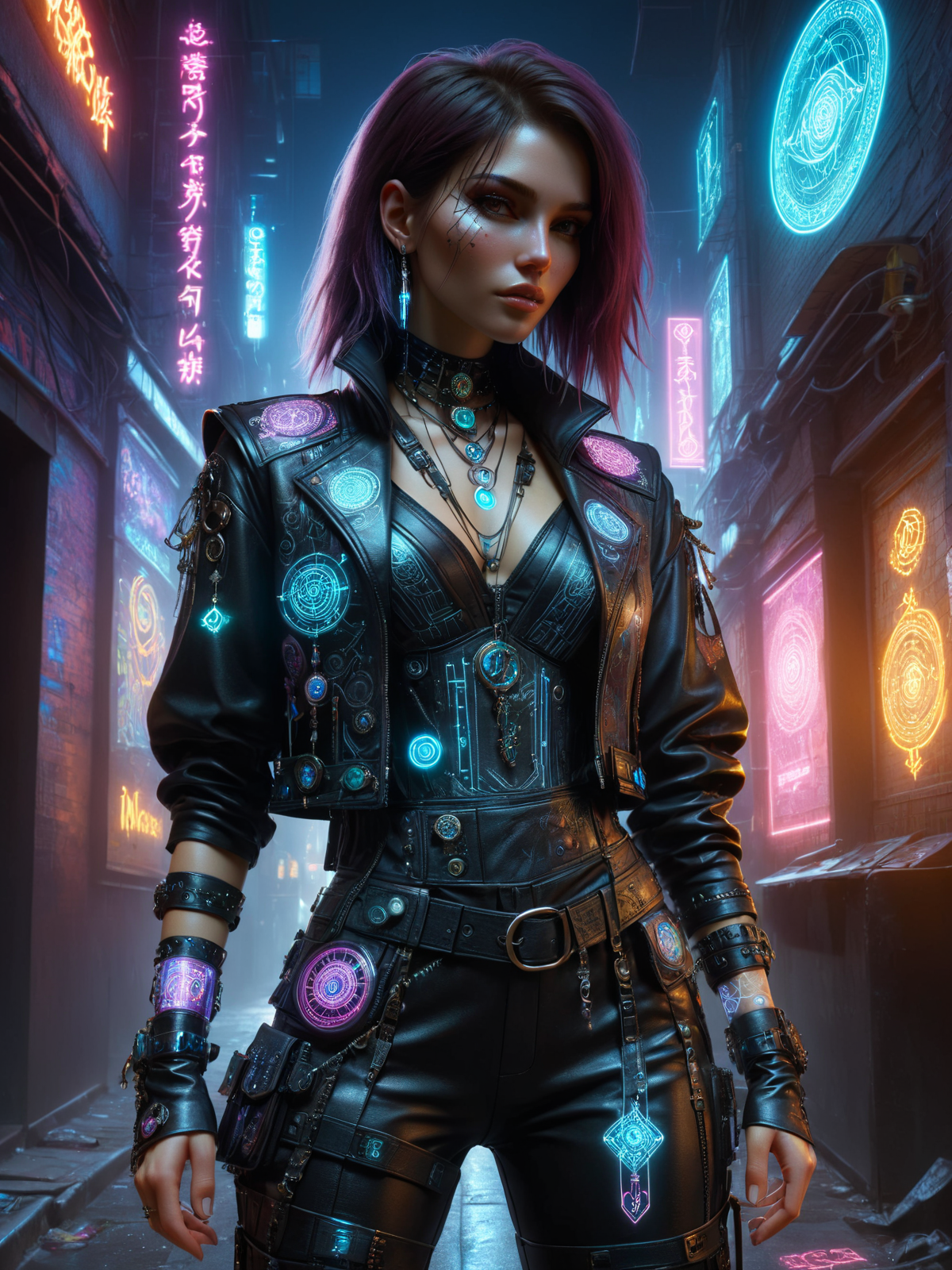 woman, cyberpunk, streetmage, vest with ornaments, leather pants, scrap with magic pattern,  hologram, neon light, cyberpunk alley at night <lora:Cyberpunk_Techno-Mages_SDXL:0.8>, (masterpiece:1.2), best quality