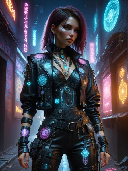 woman, cyberpunk, streetmage, vest with ornaments, leather pants, scrap with magic pattern, hologram, neon light, cyberpunk alley at night <lora:Cyberpunk_Techno-Mages_SDXL:0.8>, (masterpiece:1.2), best quality