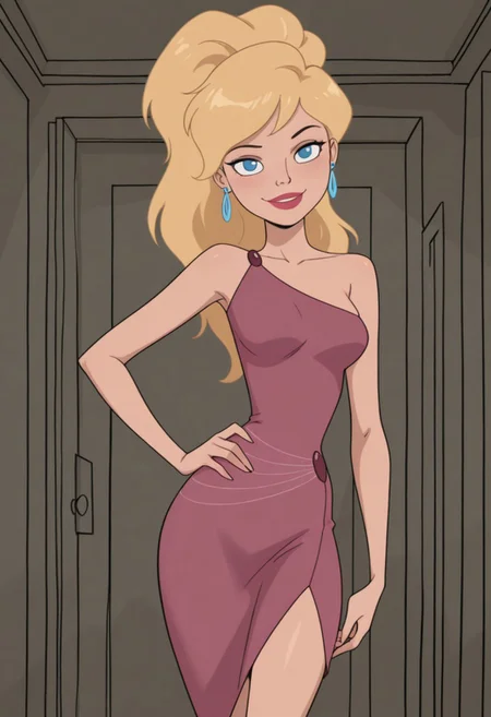 masterpiece, best quality, amazing quality, very aesthetic, absurdres, newest, 1girl, solo, indoors, looking at viewer, RS2SDXL, Human Female, Blue Eyes, Blonde Hair, Long Hair, Lips, Red Lips, Lips, Red Lips, Blue Eyes, Formal Outfit, Pink Dress, Single-Shoulder Dress, Big Ponytail, Blue Earrings, Long Earrings, cowboy shot, hand on hip, smile