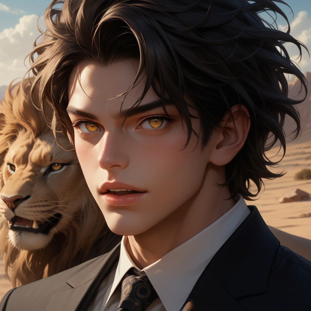 aaPO8bd,score_9,score_8_up,score_7_up,score_6_up,score_6_up,adult, 1man, formal suits, coma , closed-up, open mouth,BREAK (a roar lion),eye focus, yellow eyes, aesthetic, rule of thirds, realistic, tongue, desert, dune, muscular, volume light, windy, growl, (open mouth)