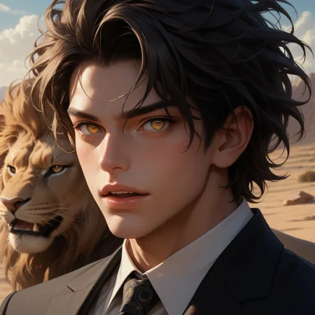 aaPO8bd,score_9,score_8_up,score_7_up,score_6_up,score_6_up,adult, 1man, formal suits, coma , closed-up, open mouth,BREAK (a roar lion),eye focus, yellow eyes, aesthetic, rule of thirds, realistic, tongue, desert, dune, muscular, volume light, windy, growl, (open mouth)