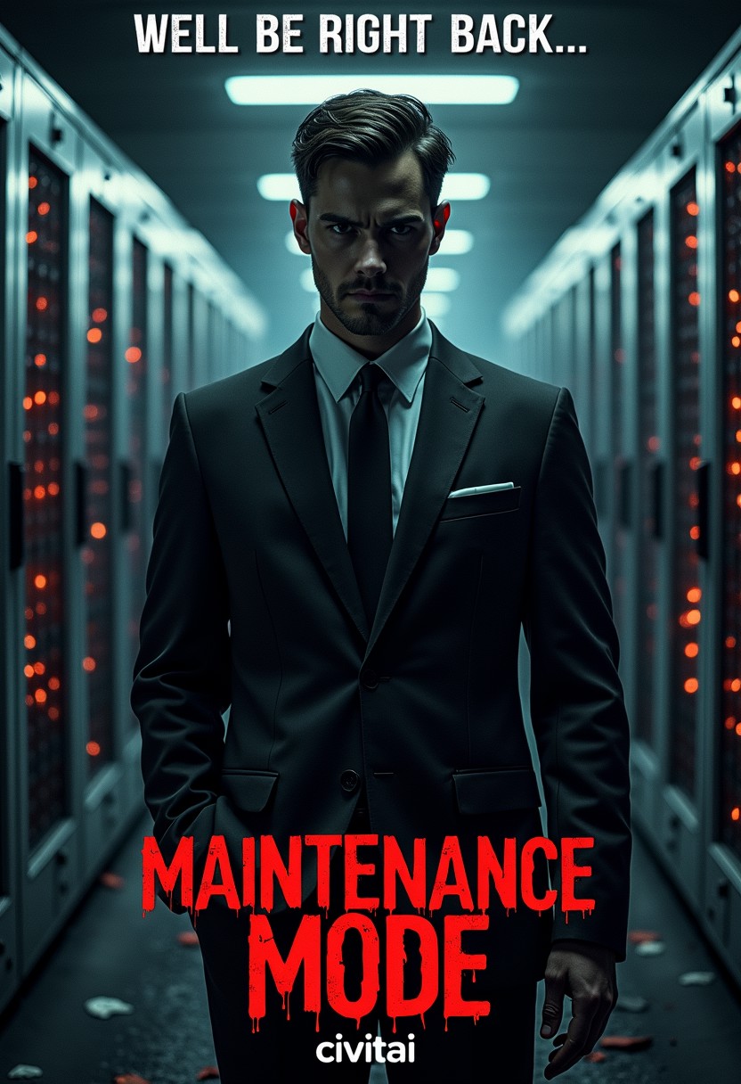 suspenseful horror movie poster, a realistic secret agent in a suit, server room melting in background, creepy title card with the text "Maintenance Mode", watermark at the bottom with the text "civitai.com", tag line at the top with the text "We'll be right back..."