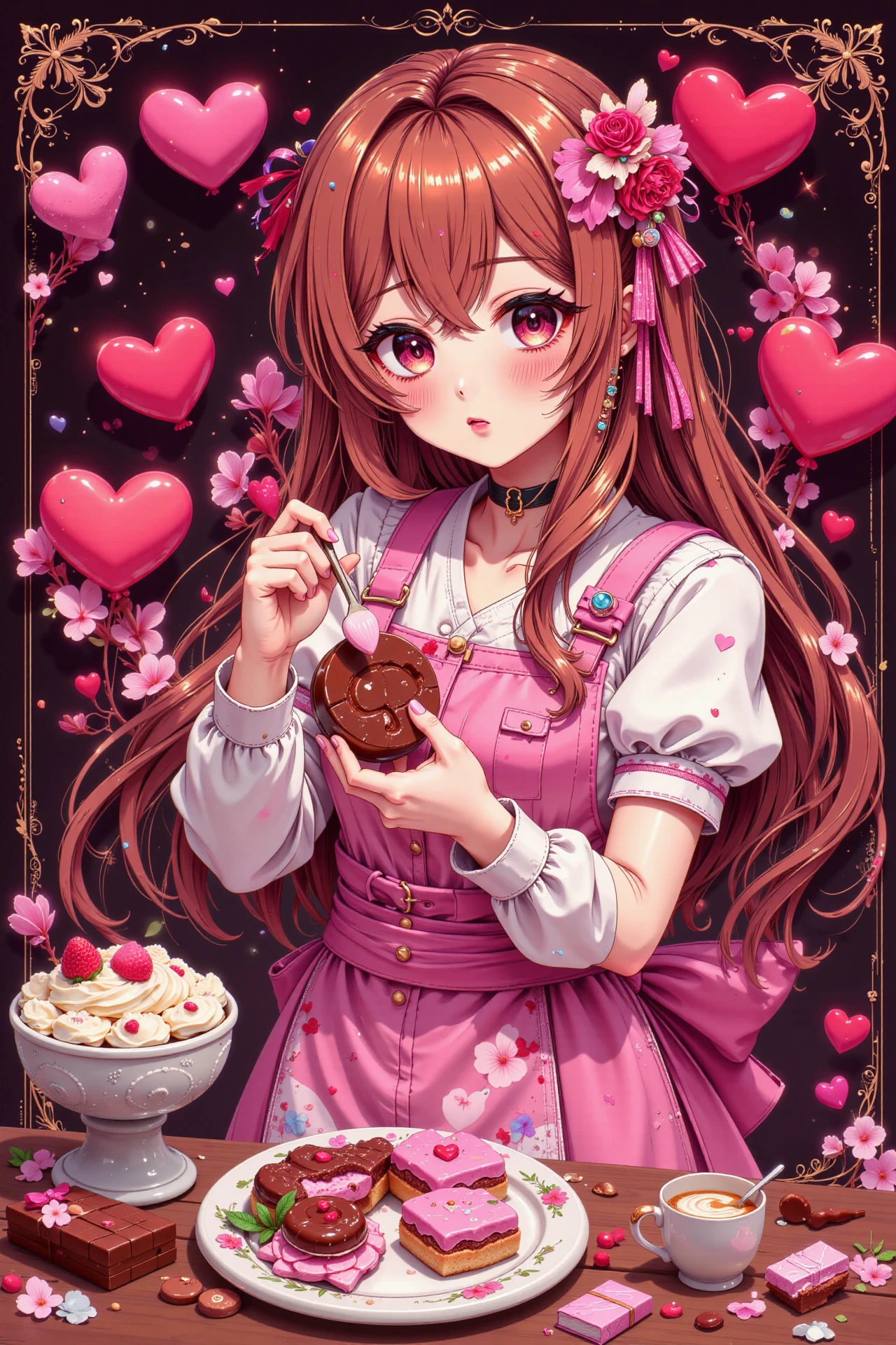 an anime woman in love preparing valentine's chocolate, very intricate, very detailed, sharp, bright, colorful, <lora:Hand v2:0.5> <lora:Anti-Blur:1><lora:Insane Detail Slider:0.25>  <lora:flux.1_lora_flyway_Epic-detail_v2:0.3> <lora:fluxenhancer:0.25> <lora:ck-Neon-Retrowave:0.4> ck-rw, in the style of ck-rw,  <lora:Neurocore Anime Cyberpunk:0.8> A digital artwork in the style of cknc