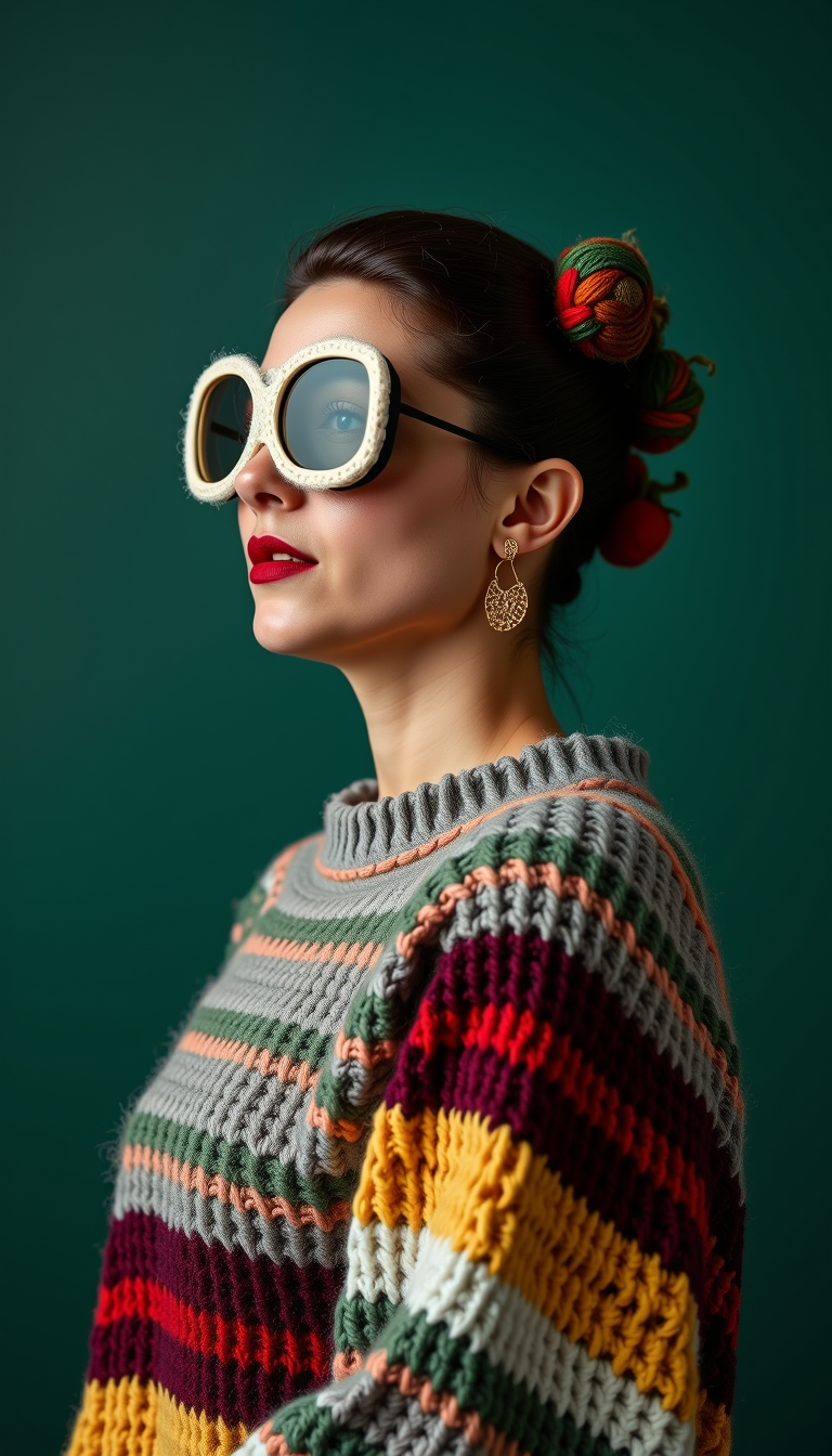 w00lyw0rld Fashion photography, Middle Eastern, old, woman, Medium hair, Asymmetrical cut, Box fade hair, Chocolate Brown hair, Hair bobbles,  Protruning eyes shape, Red eyes, virtual reality glasses, Closed lips, Brown lips, Square with Sharp Jaw, No-makeup, Surprised, Overweight body, Movement pose, Gazing into the distance, Vintage dress, Fill light, Scattering, Blue hour, Hailstorm, forest green background, Studio background, Canon EOS RP, Static shot, Worm's-eye view