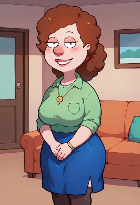 score_9,score_8_up,score_7_up,score_6_up,best quality, 1girl, solo, living room, couch, indoors,
BREAK
unnamed girl, brown hair, black eyes, big nose, (mature female:1.5), (plump:1.2), large breasts, gigantic hips, thick thighs, green sweater, rolled up sleeves, blue skirt, stockings, own hand together, blush, smile, looking at viewer, long skirt, half-closed eyes, necklace,
