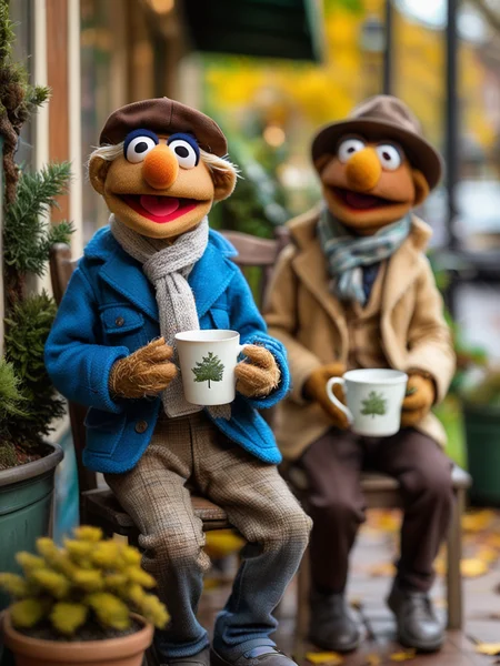 puppet-show\(style\), [1male], [1male wearing a blue jacket, brown hat and scarf, holding a white cup, sitting on a chair], [There are trees and potted plants outside the window, the environment is quiet, and the lighting is soft],<lora:Puppet-show-XL-V1:0.75>,