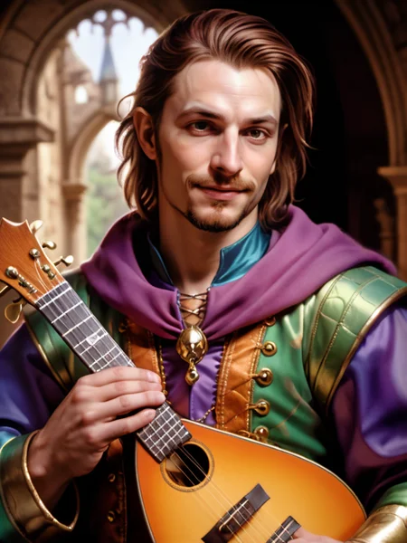 bgport style, realistic, photo, detailed pastel oil painting illustration, close up focus, light leak, reflections,
human male bard wearing jester outfit and holding a lute
<lora:bgportrait4:.5>
