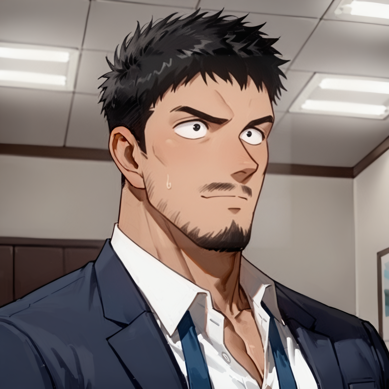 <lora:Ginzo_Nakamori__Detective_Conan_Delegated_Roles:.9>, Ginzo Nakamori, mustache, blue suit, white shirt, open clothing, blue necktie, undone necktie,
(very short hair, beard, bara, mature, facial hair, stubble, beard, full beard, sideburn, beard, a lot of beard, ), facial hair,male focus, muscular male, muscular male, bara, mature,  bara, mature, aixiwuganda_(20222192), very awa, masterpiece, best quality, absurdres, newest, perfect quality, detailed background, intricate details,
<lora:slider_Body Type_alpha1.0_rank4_noxattn_last:3><lora:style_Anime Summer Days 2 Style SDXL_LoRA_Pony Diffusion V6 XL:.6><lora:slider_cfg_scale_boost:.7><lora:Artist6p:.55>, Artist6p, Artist04p,<lora:slider_il_brightness_slider_d1:-1><lora:slider_il_contrast_slider_d1:-1><lora:slider_DarkSlider1.2_alpha1.0_rank16_full_300steps:-.6>