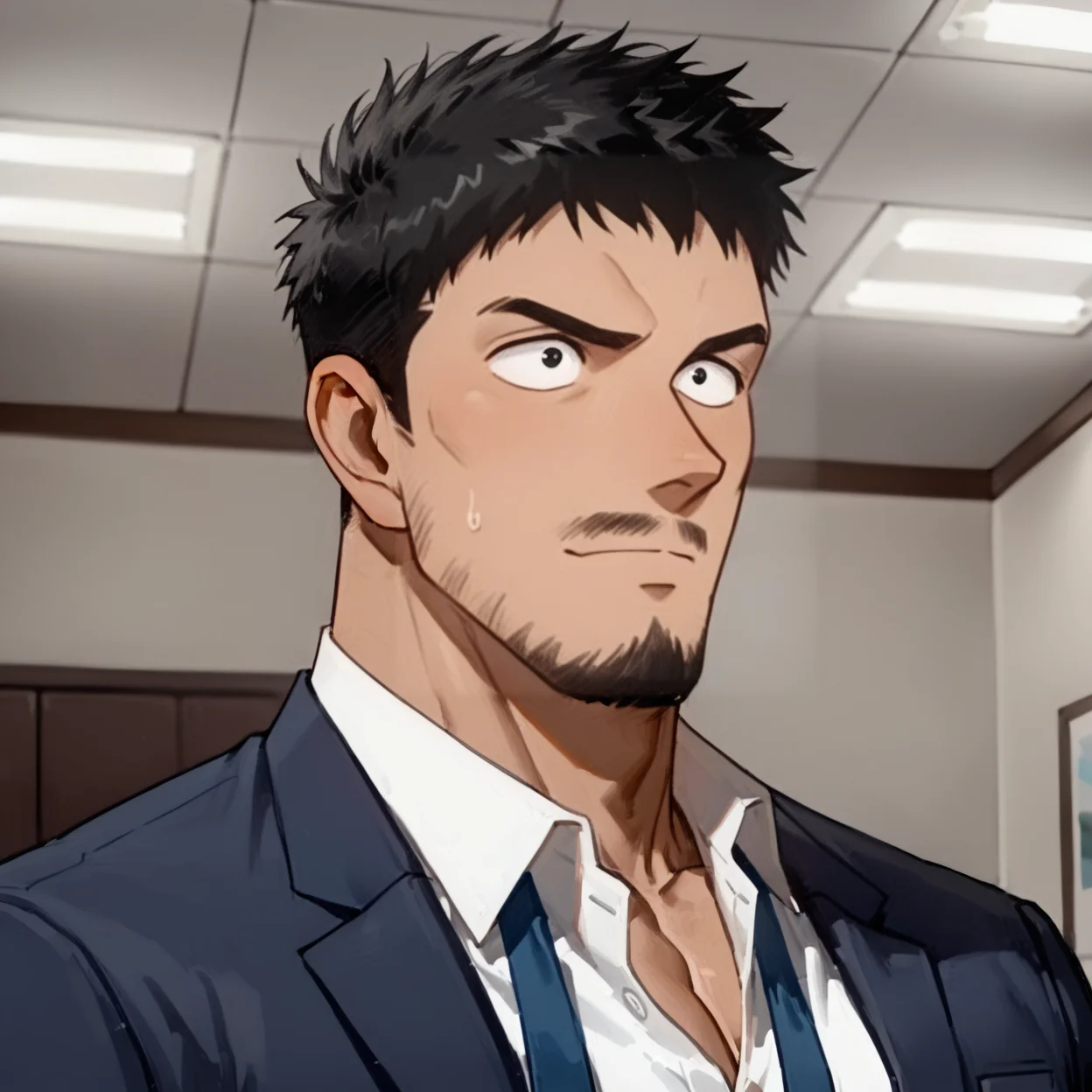 <lora:Ginzo_Nakamori__Detective_Conan_Delegated_Roles:.9>, Ginzo Nakamori, mustache, blue suit, white shirt, open clothing, blue necktie, undone necktie,
(very short hair, beard, bara, mature, facial hair, stubble, beard, full beard, sideburn, beard, a lot of beard, ), facial hair,male focus, muscular male, muscular male, bara, mature,  bara, mature, aixiwuganda_(20222192), very awa, masterpiece, best quality, absurdres, newest, perfect quality, detailed background, intricate details,
<lora:slider_Body Type_alpha1.0_rank4_noxattn_last:3><lora:style_Anime Summer Days 2 Style SDXL_LoRA_Pony Diffusion V6 XL:.6><lora:slider_cfg_scale_boost:.7><lora:Artist6p:.55>, Artist6p, Artist04p,<lora:slider_il_brightness_slider_d1:-1><lora:slider_il_contrast_slider_d1:-1><lora:slider_DarkSlider1.2_alpha1.0_rank16_full_300steps:-.6>