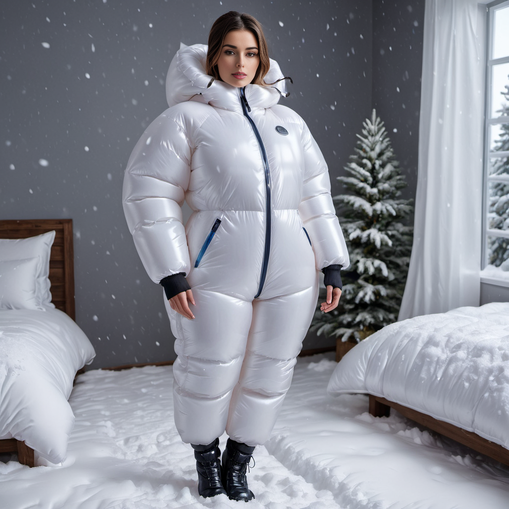 one cute american women wearing a large inflatable rubber downsuit puffer_downsuit , hyperdetailed photography,4k textures,intricate details,4k resolution,  <lora:puffer_downsuit_v1:0.6>, snow bedroom scene
 <lora:inflatablerubber:0.9>