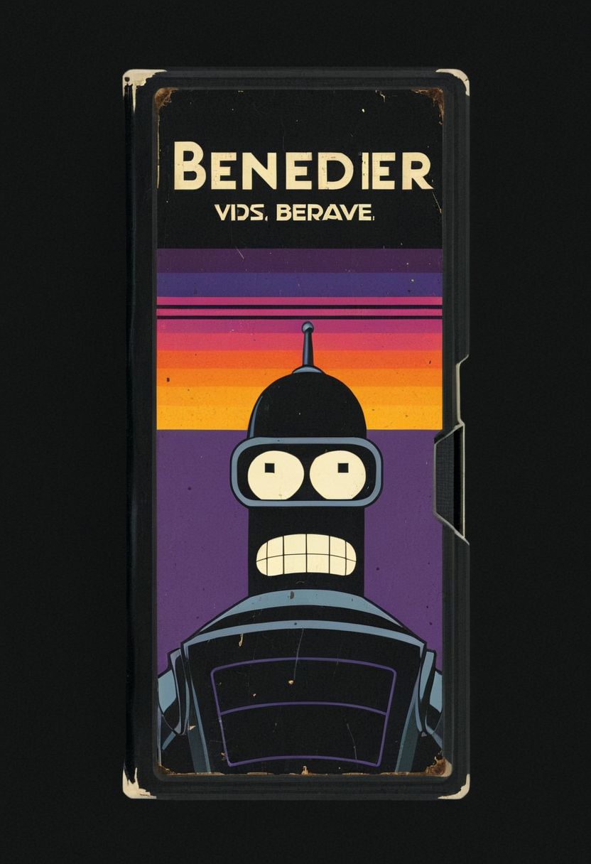 vhs-box, text focus, english text, vhs casette, "Bender" text logo, purple stripe, sunset theme, benderbot image logo logo, vhs black case, E-180, retrowave, logo parody, VHS