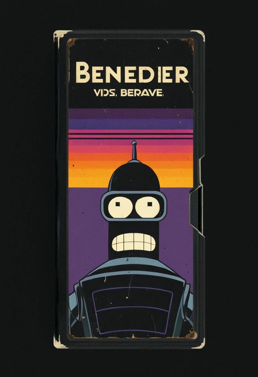 vhs-box, text focus, english text, vhs casette, "Bender" text logo, purple stripe, sunset theme, benderbot image logo logo, vhs black case, E-180, retrowave, logo parody, VHS