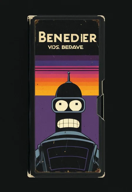 vhs-box, text focus, english text, vhs casette, "Bender" text logo, purple stripe, sunset theme, benderbot image logo logo, vhs black case, E-180, retrowave, logo parody, VHS