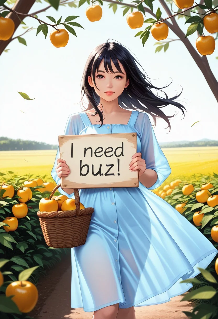 masterpiece, absurdres, realistic, 1girl, light blue dress, see-through silhouette, black hair, harvesting apples from trees in an orchard, a basket full of harvested apples placed near her, wind, vibrant colors, need_buzz, holding sign