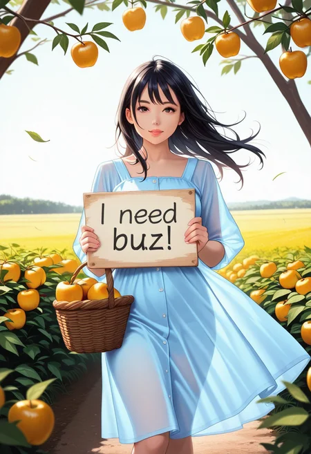 masterpiece, absurdres, realistic, 1girl, light blue dress, see-through silhouette, black hair, harvesting apples from trees in an orchard, a basket full of harvested apples placed near her, wind, vibrant colors, need_buzz, holding sign