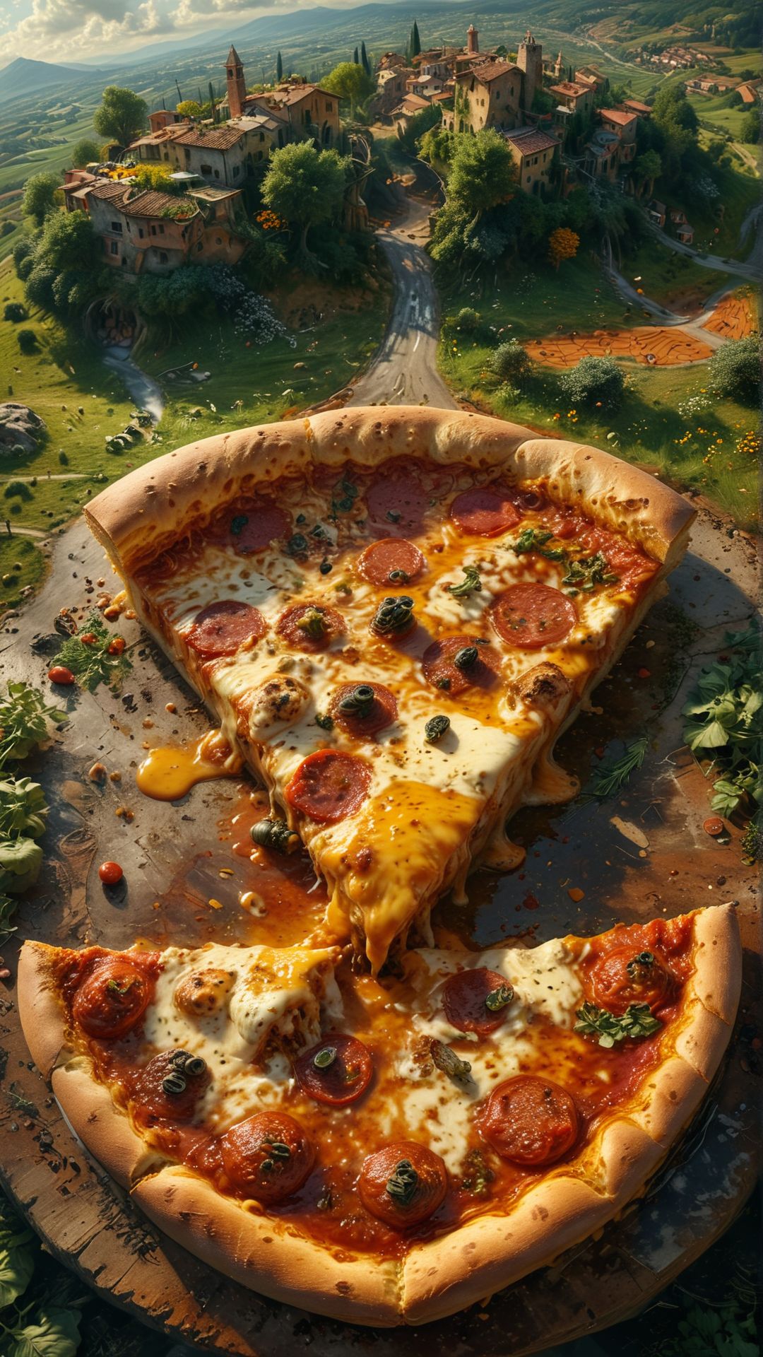 View from the fisheye lens: You're tiptoeing along the edge of a giant pizza slice, with gooey cheese and toppings spread out beneath you like a surreal Italian countryside. extreme fish eye view, 
absurdres, ultra realistic, professional lightning
many details, extreme detailed, full of details,
Wide range of colors., Dramatic,Dynamic,Cinematic,Sharp details
Insane quality. Insane resolution. Insane details. Masterpiece. 32k resolution.
 <lora:MJ52:0.2>
 <lora:add-detail-xl:0.8> <lora:xl_more_art-full_v1:0.7>
 <lora:ral-cltc:0.2> ral-cltc <lora:ral-mtclniscp-sdxl:0.2> ral-mtclniscp <lora:SDXLFaeTastic2400:0.3>