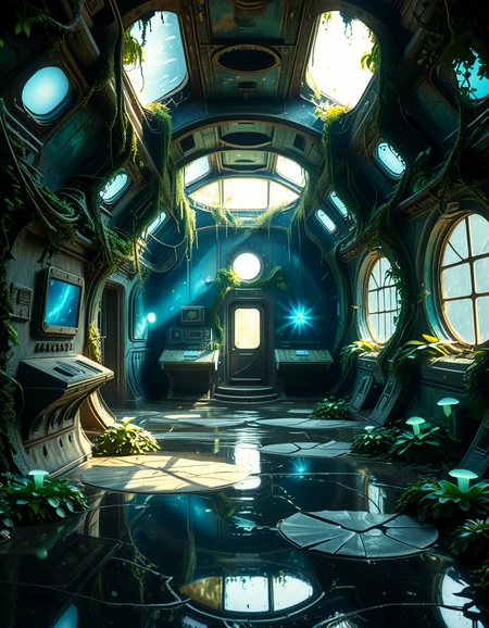 The interior of an ancient abandoned spaceship, overtaken by lush vegetation. The walls and ceiling are covered in thick, twisting vines and moss. Strange alien plants glow faintly in shades of blue and green, casting an eerie, mystical light across the metallic surfaces. Rusted control panels and shattered glass windows hint at a long-forgotten past. The floor is cracked and partially flooded with still, reflective water. Patches of bioluminescent fungi cling to the corners, adding a surreal atmosphere. The air feels heavy with moisture, and beams of soft, diffused light filter through holes in the hull, creating dramatic shafts of light and shadow. The overall style is hyper-realistic, rich in textures, with a cinematic and slightly melancholic mood.<lora:SDXLFaeTastic2400:0.4> <lora:extremely_detailed:0.4> extremely detailed,<lora:ancient_abandoned_sp4c3sh1p:1>,ancient abandoned sp4c3sh1p, Masterpiece,best quality,hi res,8k,hi res,8k,award winning,(sharp focus, intricate, highly detailed),