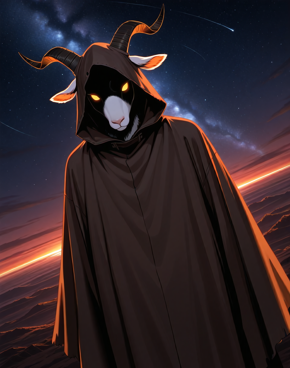 <lora:Moro_Hooded_Form_(Dragonball_Z)_(Illustrious)_(AD):1.35> Moro, hooded cloak, goat, 
dutch angle, exterior, outer space, 
male focus, gradient coloring, solo, cowboy shot, soft shading, old, aged up, dark picture, tattered brown cloak, 
BREAK very awe, aesthetically pleasing, masterpiece, best quality, amazing quality, very aesthetic, perfect depth of field shot, in'ei, furry_art, source_furry, source_anime,
EZRealPONYXL, zPDXL, Smooth Quality, lazympos, IllustQualXL_Pos,