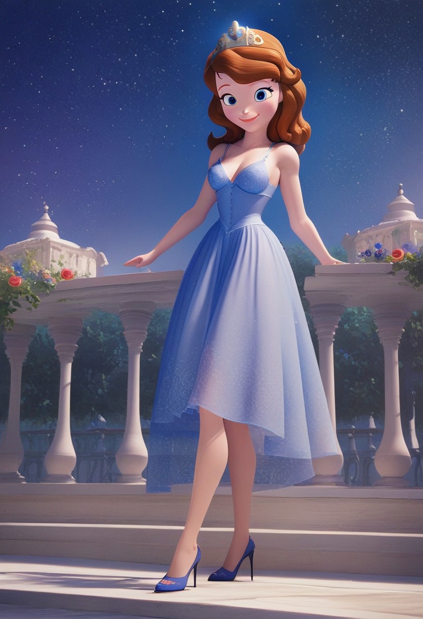 princess Sofia,brown hair,blue eyes,score_up_8, score_up_9, 1girl, solo, medium breasts, 18 years old, sky blue night gown,provocative, seducatuve smile, high heels, high quality, 8k,best quality, HD, masterpiece, in royal garden, nigh sky,starry night,