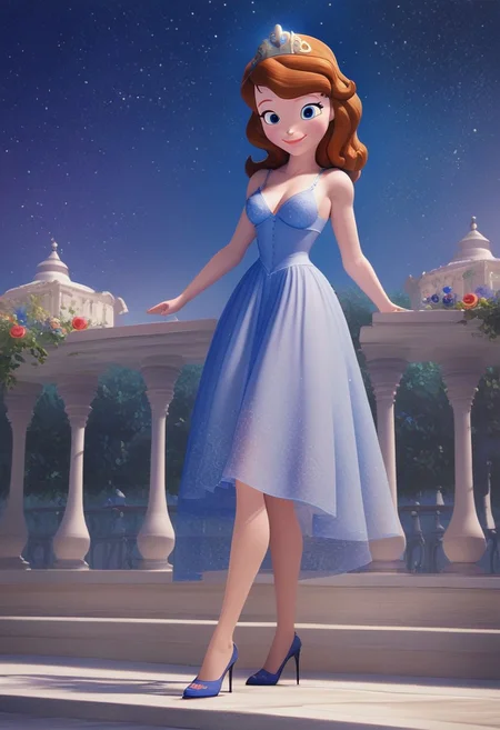princess Sofia,brown hair,blue eyes,score_up_8, score_up_9, 1girl, solo, medium breasts, 18 years old, sky blue night gown,provocative, seducatuve smile, high heels, high quality, 8k,best quality, HD, masterpiece, in royal garden, nigh sky,starry night,