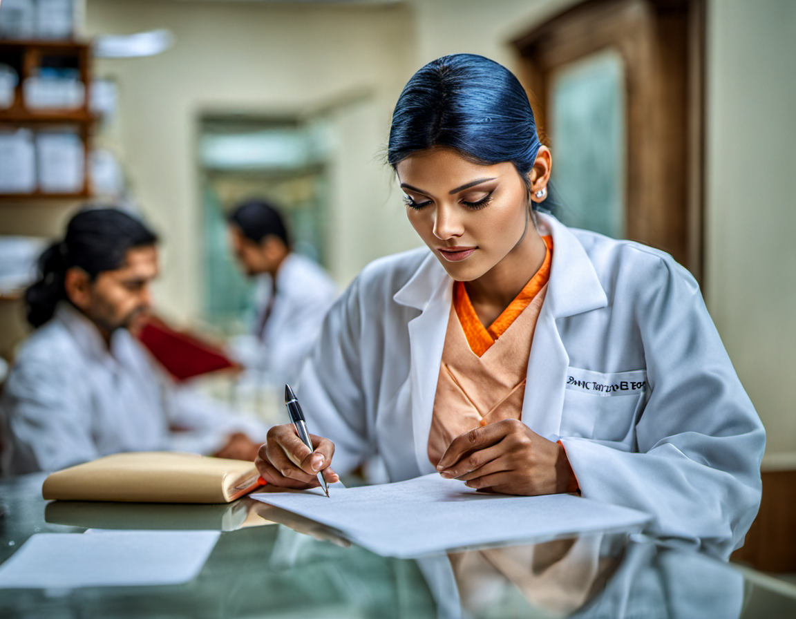 photograph of  woman named Aarti from pune   46  year old  doctor writing a prescription , skin, 8k, highly detailed, nikon, dslr, hdr, 100-400mm lens, composition, best composition, classic, (blurry:1.2)
