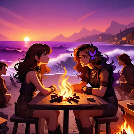 bddstyle, dinosaur, looking afar, two-tone hair, day, purple flower, brown hair, see-through, demon horns, campfire, waves, table, bracelet, medal, wavy hair, brown coat, 1other, sunrise, arrow (projectile), gothic, denim shorts, brown skirt, shorts, butterfly hair ornament, tank, wizard, holding knife
