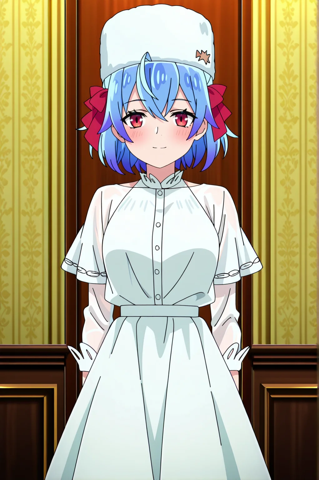 masterpiece, best quality, absurdres, highres, very aesthetic, very awa, BREAK, anime coloring, anime screencap,
<lora:ruti_ragnason_v1-illustrious:1>, 1girl, ruti ragnason, shin no nakama, red eyes, blue hair, ahoge, short hair, hair bow, red bow,
BREAK, looking at viewer, light smile, blush,
BREAK, winruti, papakha, fur hat, white dress, white headwear, long sleeves,