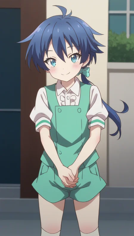 score_9,score_8_up,masterpiece,best quality,correct anatomy,anime_source,1boy,solo,perfect eyes,perfect arms,perfect legs,perfect face,outdoors,upper body,(portrait:1.5),looking at viewer,facing viewer,smile,blush,aged down,(petite:1.5),Lloyd de Saloum,ahoge,long hair,blue hair,low ponytail,hair bow,hair between eyes,bangs,blue eyes,green vest,white shirt,collared shirt,puffy short sleeves,green shorts,white socks,loafers,black footwear,<lora:Lloyd de Saloum(tsdnod)-Pony:1.6>,