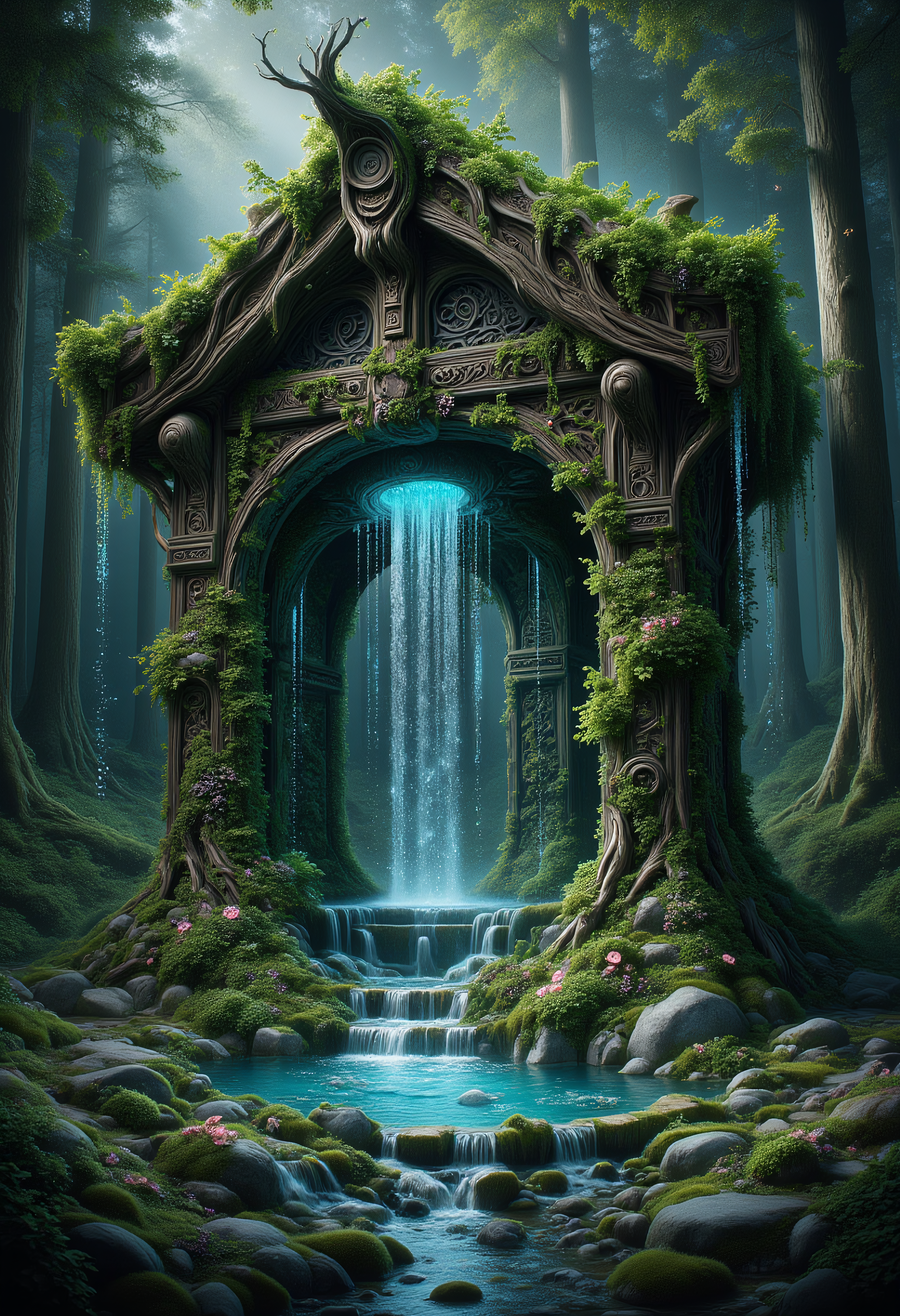 Wooden Overgrowth Shrine
Nestled deep within a forgotten forest, a shrine constructed entirely of gnarled, ancient wood is cloaked in lush greenery. Vines and moss cling to its weathered surface, their bioluminescent tips glowing faintly in the dim light. Streams of crystal-clear water cascade from the shrineâs roof, forming a serene pool surrounded by glowing flowers. Fireflies flicker in the air, their light reflected in the still waters. woodfigurez, ral-ovrgrwth, ral-watce, aidmaMJ6.1