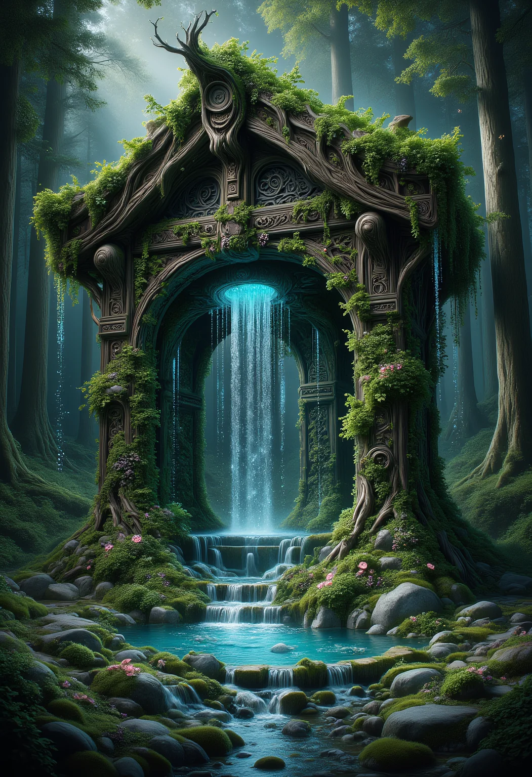 Wooden Overgrowth Shrine
Nestled deep within a forgotten forest, a shrine constructed entirely of gnarled, ancient wood is cloaked in lush greenery. Vines and moss cling to its weathered surface, their bioluminescent tips glowing faintly in the dim light. Streams of crystal-clear water cascade from the shrineâs roof, forming a serene pool surrounded by glowing flowers. Fireflies flicker in the air, their light reflected in the still waters. woodfigurez, ral-ovrgrwth, ral-watce, aidmaMJ6.1