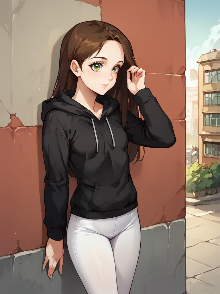 score_9, score_8_up, score_7_up, score_6_up, score_5_up, score_4_up, source_anime BREAK
<lora:Aluna:1>, small breasts, black hoodie, white leggings, city street, leaning against wall, smiling, cement,âââ