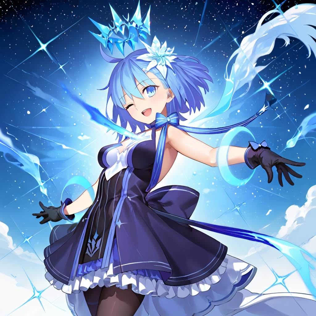 1girl, solo, space_ciel, ahoge, blue eyes, short hair, light blue hair, chest mark, halo, blue dress, gloves, hair ornament, black gloves, pantyhose, bare shoulders, bow, ribbon choker, cowboy shot, facing viewer, open mouth, chest laser, flames, (outstretched arms:1.2),  one eye closed, (pov:1.2), 
BREAK score_9, score_8_up, score_7_up, masterpiece,
<lora:ciel_summer_fgo:0.8>