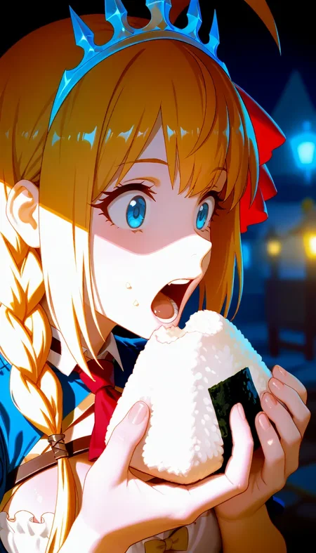 (masterpiece, best quality), best score, best anatomy, ultra deitailed, amazing quality, very aesthetic, absurdres, highres, 2024, newest, HDR, 8K, high detail RAW color art, high contrast, large pupil, eyelashes, shiny skin, detailed background,
1girl, mature female, pecorine \(princess connect!\), blonde, braid, red ribbon, blue eyes, open mouth, onigiri, eating, mouth grab, <lora:薄塗り:0.45>, <lora:ponyv5_noobV065S_1:0.8>, <lora:spo_sdxl_10ep_4k:0.6>, <lora:MeMaXL4:0.8>