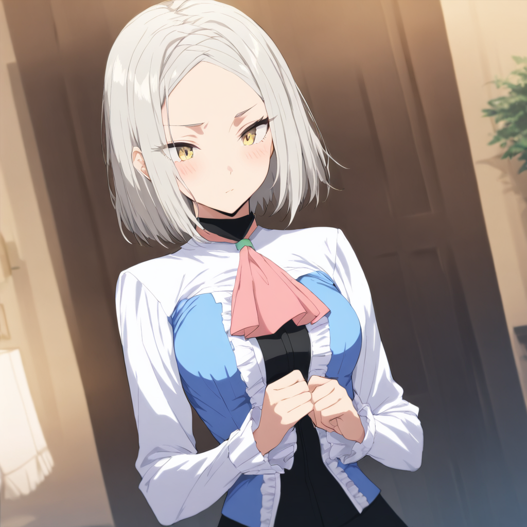 upper_body,masterpiece,high score,great score,absurdres,<lora:Yukine_Mare ag4o v1:1> yukine_mare, grey hair, short hair, yellow eyes,ascot,frills,long sleeves,