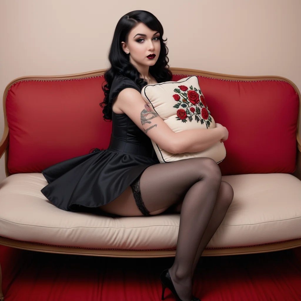 pillowhugxl 8k, high quality, professional, (pin up style), , (sexy 21 year old goth woman sitting on a couch, (((holding a small) embroidered couch cushion))), side view <lora:PillowHugXL:0.8> , medium breast, petite, black dress, beige couch, legs crossed,