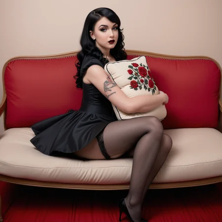 pillowhugxl 8k, high quality, professional, (pin up style), , (sexy 21 year old goth woman sitting on a couch, (((holding a small) embroidered couch cushion))), side view <lora:PillowHugXL:0.8> , medium breast, petite, black dress, beige couch, legs crossed,