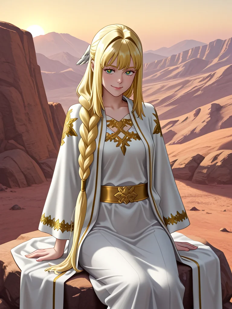 masterpiece,high quality,highres,absurdres,(<lora:Dolores Quovadis22:1>,1 girl,solo,long hair straight hair,blonde hair,thick braid,long braid,straight fringe,wing hair ornament,green eyes,cross pupils || Dolores_Quovadis_ceremonial,white ceremonial dress,long robe,gold embroidery,golden trim,wide sleeves,high waist sash),seductive smile,cute face,
golden hour illuminating a vast canyon, a female adventurer sitting on a rock, gazing into the horizon.,
<lora:Half_Art_Style_IL:1>,