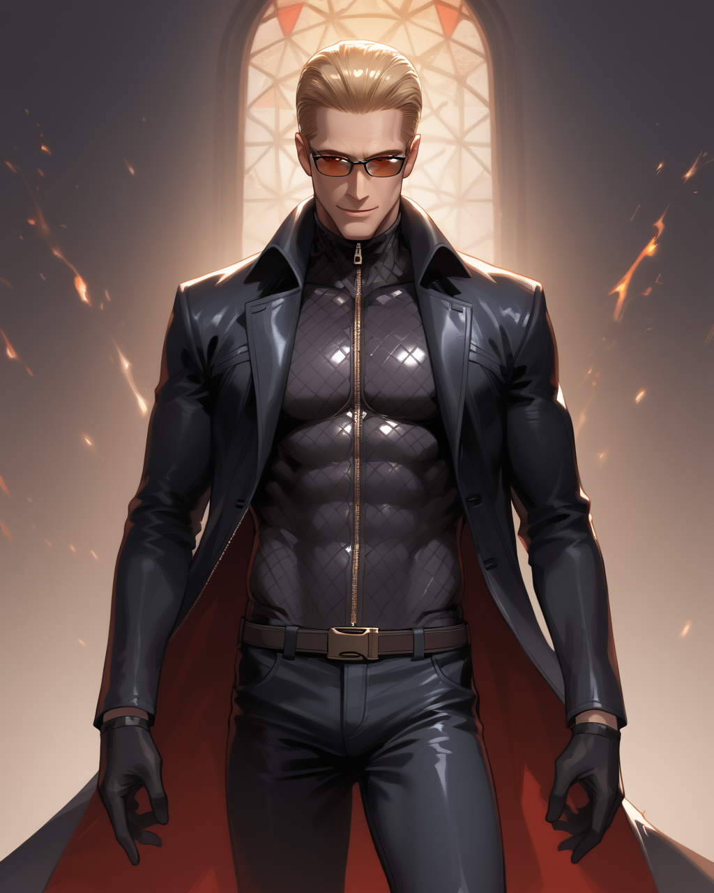 PonyScores7, source_anime, ah1, best quality, (masterpiece:1.4), (high quality:1.4), sharp focus, 4k, absurd resolution, <lora:albertwesker-guy-PONYv1:0.8> albertwesker, albert wesker, 1boy,  blonde, black gloves, (sunglasses:1.3), belt, black coat, black pants, looking at viewer, toned, athletic, fit, slicked back hair, black turtleneck, zipper, mature male, short hair, (graphene textured clothes), black boots, (Holding a sinister relic, bathed in a blood-red light, with a menacing smile), bad-hands-5, <lora:xl_more_art-full_v1:0.2>, <lora:shinyskin2:0.2> glistening skin, <lora:aesthetic_anime_v1s:0.2>, <lora:Expressive_H:0.2> Expressiveh, <lora:hairdetailpxl:0.2> hairdetailpxl, <lora:detailxl:0.2> detailxl, (focused, intense glare), short hair, (reddish orange eyes, slit pupils), best quality, amazing quality, best aesthetic, absurdres, <lora:expressive eyes:0.2> expressive eyes, <lora:eyedetailpxl:0.2> eyedetailpxl, illustration, Volumetric_Lighting, ultra-detailed, very aesthetic, intricate details, 8k, masterpiece, best_quality, (angular face, sharp_featured face), <lora:Eyes_High_Definition:0.2> EyesHD, handsome, charming, alluring, AS-MidAged,