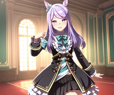 masterpiece, best quality, amazing quality, , 1girl, solo, looking at viewer, cowboy shot, smile, open mouth, <lora:Mejiro Mcqueen in game style 3D ILL-v2:1> ummsmingame, 3d, mejiro mcqueen (umamusume)