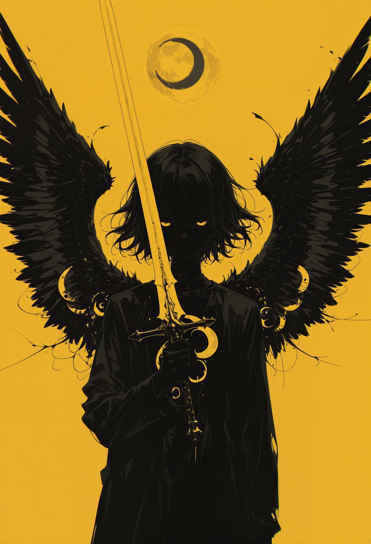 masterpiece, best quality, newest, highres, absurdres,focused subject,no lineart, no outline, solo, 1boy, holding, monochrome, weapon, wings, sword, holding weapon, holding sword, moon, yellow background, feathered wings, silhouette, chromatic aberration, dark theme,limited palette,straight on, in the style of cksc,flatline,